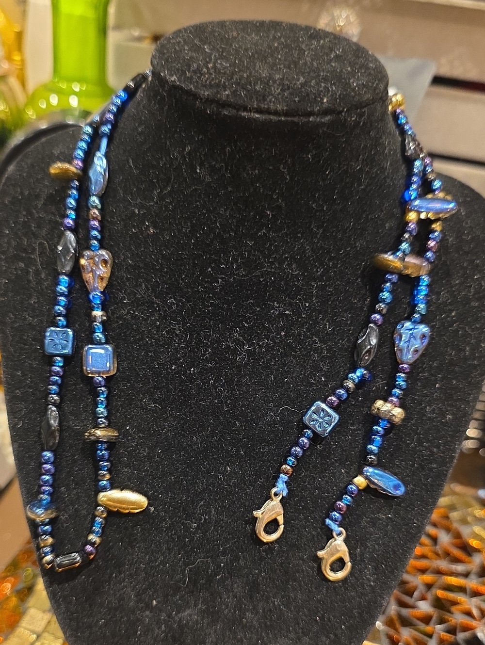 Handcrafted Blue Beaded Women'seye Glasses  Necklace with Gold Accents